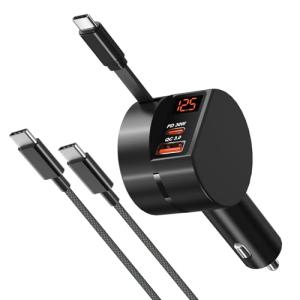 Besgoods USB C Car Charger for iPhone 17 16 Pro Max, Retractable Car Charger 78W Fast Charging Cigarette Lighter Adapter Voltmeter Multi-Ports for iPhone 15 iPad Galaxy S25, with 6ft USB C to C Cable