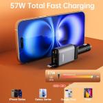 Flexino 【Ultra-Slim】 Retractable Car Charger for iPhone 16, 57W Fast Charging Car Chargers, USB C Car Charger Adaptor, Cigarette Lighter Adapter for iPhone 16/15 Series, Galaxy, Pixel, Grey