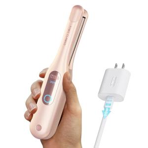 TYMO Cordless Mini Flat Iron for Short Hair, Portable 0.65 Inch Curling Iron for Travel, Hair Straightener and Curler 2 in 1, Ceramic Small Pencil Flat Iron with Curved, Dual Voltage, Pink