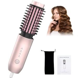 Portable Curling Iron, Bestauty 1.5" Cordless Hair Curler, 2 in 1 Travel Hair Curler & Hair Straightener Brush, Quick Heating 4 Adjustable Temperature 300°F-410°F for Curl/Smooth/Fluffy/Flip-Out Pink