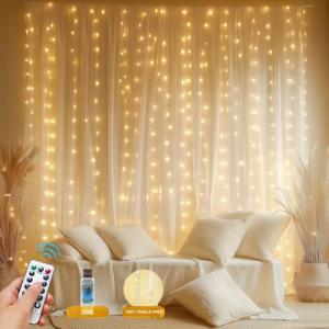 HOLITS Fairy Curtain Lights Upgraded Tangle-Free Warm White USB Plug in 8 Modes String Hanging Lights with Remote for Christmas, Bedroom, Indoor, Outdoor, Weddings, Party (6.6FTx6.6FT)