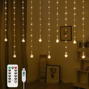Minetom 200 LED Curtain Fairy Lights - 9.8 FT Wishing Ball Window Hanging Lights with Remote, USB Powered Waterproof for Christmas Wedding Bedroom Decoration, Warm White