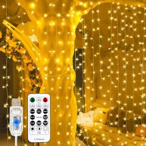 SINAMER Curtain Light for Bedroom, 200LED 6.6x6.6ft Warm White Window Wall Hanging Fairy Curtain String Light, 8 Modes Remote Fairy String Lights Indoor for Wedding Party Home Garden Decorations
