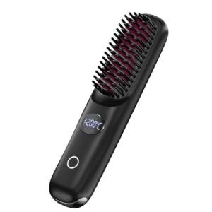 Cordless Hair Straightener Brush for Travel Portable Hair Straightener Comb with Negative Ion Mini hot Brush for Women, on-The-go Rechargeable with LED Display Anti-Scald Protection (Black)