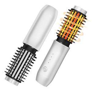 Cordless Curling Iron Brush,1.5-inch Mini Travel Curling Iron, 3-in-1 Portable Heated Round Straightening Brush, Rechargeable Curlings Irons, for Curls, Straightening, De-frizzing, and Styling, White