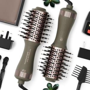 Travel Dual Voltage Blow Hair Dryer Brush 4-IN-1 Portable Mini Hot Air Dryer Straightener & Curler Brush, Titanium Round Blowout Styler Volumizer Tools, 110/240V US/EU/UK Plug for International Travel