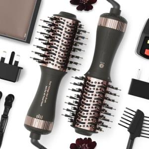 Travel Dual Voltage Blow Hair Dryer Brush 4-IN-1 Portable Mini Hot Air Dryer Straightener & Curler Brush, Titanium 2-Inch Blowout Styler Volumizer Tool, 110/240V US/EU/UK Plug for International Travel