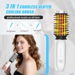 Cordless Curling Iron Brush,1.5-inch Mini Travel Curling Iron, 3-in-1 Portable Heated Round Straightening Brush, Rechargeable Curlings Irons, for Curls, Straightening, De-frizzing, and Styling, White