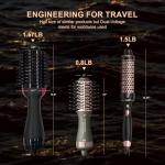 Travel Dual Voltage Blow Hair Dryer Brush 4-IN-1 Portable Mini Hot Air Dryer Straightener & Curler Brush, Titanium Round Blowout Styler Volumizer Tools, 110/240V US/EU/UK Plug for International Travel