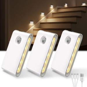 EZVALO 3 Pack Motion Sensor Night Lights, Sync LED Stair Lights Indoor, 1500mAh Rechargeable, Magnetic & Dimmable, 3000K Soft White, Portable Nightlight for Hallway, Stairs, Bathroom, Bedroom