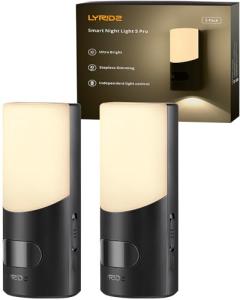 Lyridz Rechargeable Wall Sconce, LED Motion Sensor Night Light, Stick-on 1-50LM Dimmable Battery Nightlights for Bathroom, Bedroom, Stairs, Hallway, Kitchen, 2-Pack
