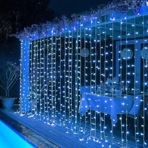 Dazzle Bright 300 LED Curtain String Lights, Christmas Fairy Lights for Bedroom with 8 Lighting Modes, Connectable Waterproof Window Lights Party Wedding Garden Wall Decor, Blue