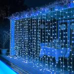 Dazzle Bright 300 LED Curtain String Lights, Christmas Fairy Lights for Bedroom with 8 Lighting Modes, Connectable Waterproof Window Lights Party Wedding Garden Wall Decor, Blue