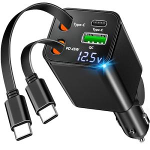 [Apple MFi Certified] Retractable Car Charger USB C, Braveridge 120W USB C Car Charger 4 in 1 PD/QC Type C Fast Charge Cigarette Lighter Adapter for iPhone 17/17 Pro Max/16 Pro/15/Galaxy S25/S24/Pixel