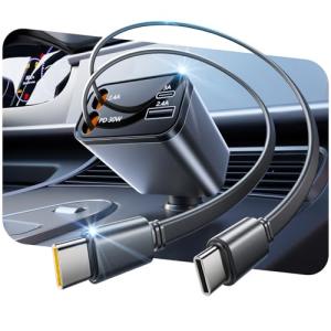 SUPERONE Smaller 4 in 1 Retractable Car Charger with Dual Type C Cords, 69W Fast Retractable USB C Car Charger, Car Accessories Car Chargers for iPhone 17 16 15 14 13 12 Galaxy Pixel