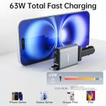 Flexino【Ultra-Slim】 Retractable Car Charger for iPhone 16, 63W Fast Charging Car Charger USB C, Car Chargers with Retractable Cord 2.6ft, Car Adapter for iPhone 16/15 Series, Galaxy, Pixel, Grey