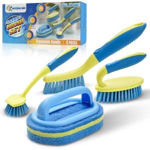 Scrub Brush Set for Bathroom Kitchen Bathtub Toilet Deep Cleaning Brush Tools All Purpose Cleaner Sponge Scrubbing Brushes with Ergonomic Handle, 4-Piece