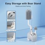 ePiiChua Silicone Bottle Brush Set with Stand, 360° Rotating Bottle Cleaning Brush Cleaner Set, Long Handle 3 in 1 Multipurpose Silicone Baby Bottle Straw Cleaner Brush (Grey)