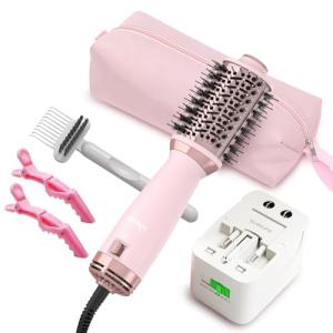 Winkos Travel Dual Voltage Hot Air Brush | 4 in 1 MIni Hair Dryer Brushes | 2 Inch Blow Dryer Brush with Storage Bag Global Adapter | One Step Volumizer Small Hair Dryer and Styler for All Hair Types