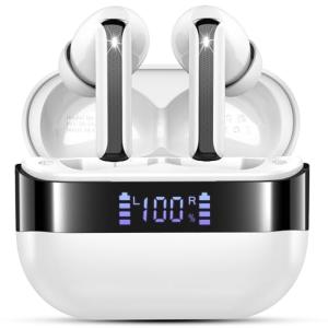 Wireless Earbuds, 2025 Bluetooth 5.4 Headphones Bass Stereo, Ear Buds with 4 Mics ENC Noise Cancelling, Bluetooth Earbuds 48H Playtime LED Display Charging Case, IP7 Waterproof in Ear Earphones white