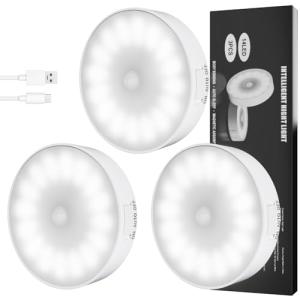 Electight Motion Sensor Light Indoor [Upgraded 14 LEDs], 3 Pack Rechargeable Night Light, Wide Detection Range, 3 Light Modes, Bedroom Closet Lights, Anywhere Stair Light, Hallway Light - Cold White