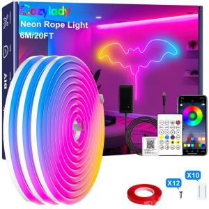 Cozylady 20Ft RGB LED Neon Rope Lights for Bedroom, 6m LED Strip Lamp with Double Sided Adhesive Tape, App/Remote Control Waterproof DIY Lights Decorate The Outdoor and Indoor of Your Home.