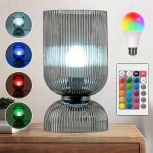 Gmrhndy Modern RGB Glass Table Lamp with Remote，Color Changing Bedside Lamp with Ribbed Glass Shade, 16 Colors, On/Off Cord Switch, Nightstand Lamp for Bedroom, Living Room, Office, Bulb Included