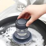 Mini Auto-Dispensing Dish Brush: Multi-Functional Short Handle Kitchen PET Bristle Cleaner with Soap Dispenser for Pots, Pans & Dishes (Gray)