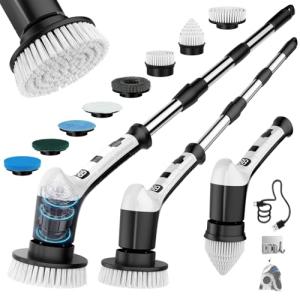 Electric Spin Scrubber with 3 Speed, Adjustable Extension Handle, 8 Brush Heads,Cordless Power Cleaning Brush for Bathroom, Tile, Kitchen-Black