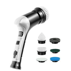 Electric Spin Scrubber, Cordless Household Cleaning Brush with 6 Replaceable Heads, 3 Speeds, LED Display, Lightweight Handheld Power Scrubber for Cleaning Stove/Bowl/Sink/Corner/Tile/Grout-Black