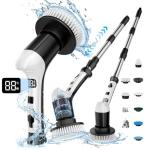 Electric Spin Scrubber with 3 Speed, Adjustable Extension Handle, 8 Brush Heads,Cordless Power Cleaning Brush for Bathroom, Tile, Kitchen-Black