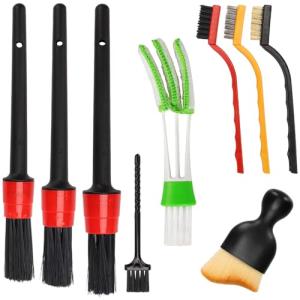 Auto Car Detailing Brush Set Car Interior Cleaning Kit Includes 3 Boar Hair Detail Brush,3 Wire Brush, 3 Air Vent Brush for Cleaning Car Interior Exterior, Dashboard Engines Leather Wheel