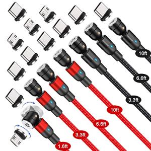 Bojianxin 540 Rotation Magnetic Charging Cable (7-Pack, 1.6ft/3.3ft/3.3ft/6.6ft/6.6ft/10ft/10ft) - 3 in 1 Magnetic Phone Charger Compatible with Micro USB, Type C etc