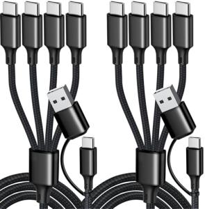 Puxnoin USB C Splitter Multi Charging Cable, USB A/C Fast Charging Cord, 4 in 2 Multi Charger Cable with 4 Type-C Connectors for iPhone16/15 Series/Cell Phones & Pads-2Pack 4FT Black