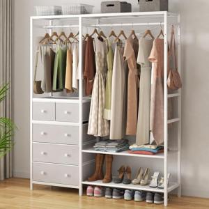 Auromie Clothes Rack with 5 Drawers & 4 Storage Shelves, 59.1W*70.9H Heavy Duty Clothing Rack with 2 Hanging Rods, Wardrobe Closet Organizer System with 5 Hooks, Freestanding Garment Rack (White)