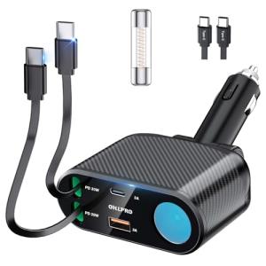 OHLPRO Retractable Car Charger Cigarette Lighter Adapter, 168W 5 in 1 Fast Phone Charging Built-in Replaceable Fuse, Socket Splitter with Dual USB-C Cords, Fit for Phone, iPad, Galaxy, GPS
