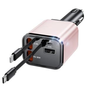 69W Fast Charging USB C Car Charger, 4-in-1 Retractable Phone Charger for iPhone 17, Travel Essentials, Gifts for Women Men, Car Accessories for Women Men, for iPhone 17 16 15 14 13, Galaxy, Pixel