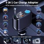 OHLPRO Retractable Car Charger Cigarette Lighter Adapter, 168W 5 in 1 Fast Phone Charging Built-in Replaceable Fuse, Socket Splitter with Dual USB-C Cords, Fit for Phone, iPad, Galaxy, GPS