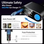 OHLPRO Retractable Car Charger Cigarette Lighter Adapter, 168W 5 in 1 Fast Phone Charging Built-in Replaceable Fuse, Socket Splitter with Dual USB-C Cords, Fit for Phone, iPad, Galaxy, GPS