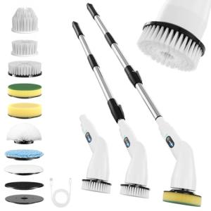 Electric Spin Scrubber - Household Cleaning Brush with 8 Heads, 51.2in Extendable Pole Bathroom Scrubber for Stubborn Grease on Grill, Stovetop & Bathtub, 90Min Runtime - Type B