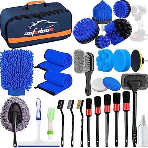 AUTODECO 27Pcs Car Detailing Brush Set, Car Detailing Kit, Auto Detailing Drill Brush Set, Car Detailing Brushes, Car Wash Cleaning Tools Kit for Interior, Exterior, Wheels, Blue