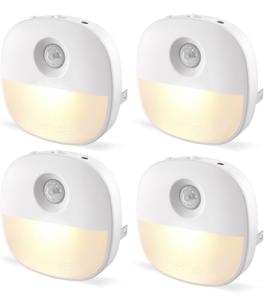 Lyridz Plug in Night Light with Motion Sensor and Dusk to Dawn Sensor, Dimmable Warm Nightlight with 1-50lm Adjustable Brightness Indoor for Bedroom, Bathroom, Stairs, Hallway, 4 Pack