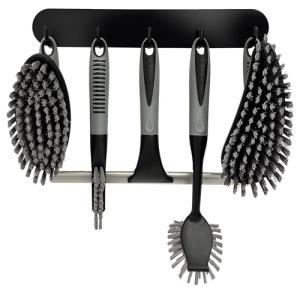 Scrub Brush Set of 6 pcs - Cleaning Shower Scrubbers with Squeegee for Shower Glass and Adhesive Wall Hooks Including Grout Cleaner Brush, Scrub Brushes for Cleaning Bathroom, Shower, Tile, Bathtub