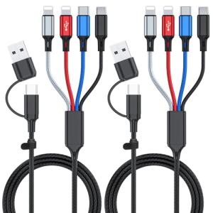 6 in 1 Multi Charging Cable 2Pack - 6FT USB Cable 3A Charger Cable Braided Universal USB A/C Charging Cord With 2*IP/Type C/Micro USB Port for Cell Phone/Tablets