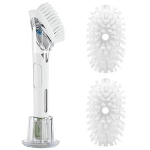 RIMAY Dish Brush with Soap Dispenser Storage Set, Soap Dispensing Dish Brush with 2 Pcs Brush Refills & Holder, Kitchen Dish Washing Wand with Handle for Dishes/Pans/Pots/Sink (White)