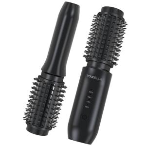 Youbella Cordless Hair Curling Iron Brush, Mini Travel Hot Straightener Comb, 3-In-1 Portable Wave Curling Wand, 1.5″ Ionic Heated Brush, USB Rechargeable Hair Curler, All Black –No Automatic Rotation