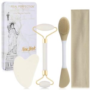 Real Perfection Gua Sha Facial Tools Face Roller for Wrinkles Jade Roller and Gua Sha Set, Scrubber Pore Brush Headband Skin Care Tools for Travel Skincare Routine Massaging Reducing Puffiness - White