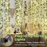 suddus 200 LED Vine with Light Plug in, 6.5ft x 6.5ft Pothos Fairy Curtain Lights with Remote, Leaf Fairy Lights for Wall,Bedroom, Dorm, Wedding, Party, Indoor Decor(Warm White)