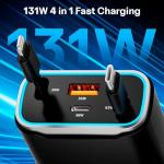 TOENNESEN Retractable Car Charger USB C 131W 4-in-1 Fast Charging with 2 Retractable Cables Car Phone Charger Adapter for iPhone 17 Pro Max 16 15 14 13 Fast Charge Car Accessories, Gifts for Men Women