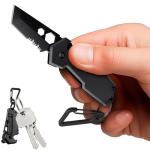 Mini Keychain Knife with Carabiner - 1.3" Tanto Serrated Blade - 6 in 1 Black Multitool - Bottle Opener Box Cutter Liner Lock - EDC Gadgets - Legal Folding Small Pocket Knives for Men Women Gifts 2248